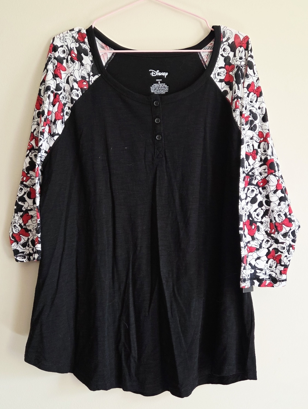 Disney Henley Tee with Mickey And Minnie Print Raglan Sleeves